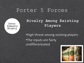Porter 5 Forces
Rivalry Among ExistingRivalry Among Existing
PlayersPlayers
•High threat among existing playersHigh threat among existing players
•The inputs are fairlyThe inputs are fairly
undifferentiatedundifferentiated
 