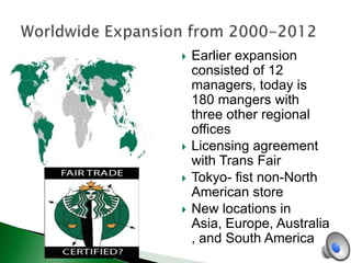 






Earlier expansion
consisted of 12
managers, today is
180 mangers with
three other regional
offices
Licensing agreement
with Trans Fair
Tokyo- fist non-North
American store
New locations in
Asia, Europe, Australia
, and South America

 