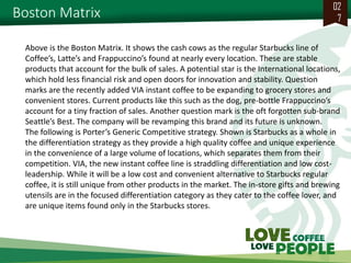 Boston Matrix 
027 
Above is the Boston Matrix. It shows the cash cows as the regular Starbucks line of Coffee’s, Latte’s and Frappuccino’s found at nearly every location. These are stable products that account for the bulk of sales. A potential star is the International locations, which hold less financial risk and open doors for innovation and stability. Question marks are the recently added VIA instant coffee to be expanding to grocery stores and convenient stores. Current products like this such as the dog, pre-bottle Frappuccino’s account for a tiny fraction of sales. Another question mark is the oft forgotten sub-brand Seattle’s Best. The company will be revamping this brand and its future is unknown. The following is Porter’s Generic Competitive strategy. Shown is Starbucks as a whole in the differentiation strategy as they provide a high quality coffee and unique experience in the convenience of a large volume of locations, which separates them from their competition. VIA, the new instant coffee line is straddling differentiation and low cost- leadership. While it will be a low cost and convenient alternative to Starbucks regular coffee, it is still unique from other products in the market. The in-store gifts and brewing utensils are in the focused differentiation category as they cater to the coffee lover, and are unique items found only in the Starbucks stores.  