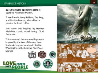 STARBUCKS HISTORY 
03 
The name was inspired by Herman Melville’s classic novel Moby Dick’s first mate. 
This name and the mermaid logo were inspired by the love of the sea, from Starbucks original location in Seattle Washington in the heart of Pike Place Market. 
Three friends, Jerry Baldwin, Zev Siegl, and Gordon Bowker, who all had a passion for fresh coffee. 
1971 Starbucks opens first store in Seattle’s Pike Place Market. 
 