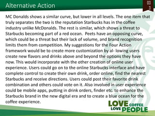 Alternative Action 
033 
MC Donalds shows a similar curve, but lower in all levels. The one item that truly separates the two is the reputation Starbucks has in the coffee industry unlike McDonalds. The rest is similar, which shows a threat to Starbucks becoming part of a red ocean. Peets have an opposing curve, which could be a threat but their lack of volume, and brand recognition limits them from competition. My suggestions for the Four Action framework would be to create more customization by al- lowing users create new flavors and drinks above and beyond the options they have now. This would incorporate with the other creation of online user experience. Users could go on to the online Starbucks interface and have complete control to create their own drink, order online, find the nearest Starbucks and receive directions. Users could post their favorite drink combination and others could vote on it. Also involved in user experience could be mobile apps, putting in drink orders, finder etc. to enhance the Starbucks brand in the new digital era and to create a blue ocean for the coffee experience.  