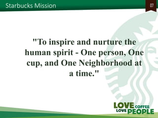 Starbucks Mission 
07 
"To inspire and nurture the human spirit - One person, One cup, and One Neighborhood at a time."  