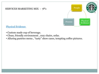 People
SERVICES MARKETING MIX - 7P’s




                                                       Process            Physical
                                                                          Evidence
Physical Evidence

• Custom made cup of beverage.
• Clean, friendly environment , cozy chairs, sofas.
• Alluring pastries menu , “tasty” show cases, tempting coffee pictures.
 