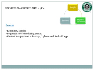 People
SERVICES MARKETING MIX - 7P’s




                                                    Process            Physical
                                                                       Evidence
Process

• Legendary Service
• Sequence service reducing queue.
• Contact less payment – Barclay , I phone and Android app
 