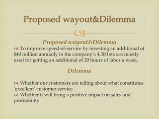 
Proposed wayout&Dilemma
 To improve speed-of-service by investing an additional of
$40 million annually in the company’s 4,500 stores; mostly
used for getting an additional of 20 hours of labor a week.
Dilemma
 Whether our customers are telling about what constitutes
‘excellent’ customer service
 Whether it will bring a positive impact on sales and
profitability
Proposed wayout&Dilemma
 