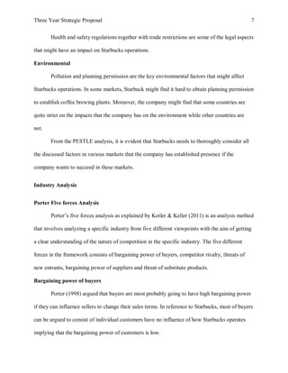 Three Year Strategic Proposal 7
Health and safety regulations together with trade restrictions are some of the legal aspects
that might have an impact on Starbucks operations.
Environmental
Pollution and planning permission are the key environmental factors that might affect
Starbucks operations. In some markets, Starbuck might find it hard to obtain planning permission
to establish coffee brewing plants. Moreover, the company might find that some countries are
quite strict on the impacts that the company has on the environment while other countries are
not.
From the PESTLE analysis, it is evident that Starbucks needs to thoroughly consider all
the discussed factors in various markets that the company has established presence if the
company wants to succeed in these markets.
Industry Analysis
Porter Five forces Analysis
Porter’s five forces analysis as explained by Kotler & Keller (2011) is an analysis method
that involves analyzing a specific industry from five different viewpoints with the aim of getting
a clear understanding of the nature of competition in the specific industry. The five different
forces in the framework consists of bargaining power of buyers, competitor rivalry, threats of
new entrants, bargaining power of suppliers and threat of substitute products.
Bargaining power of buyers
Porter (1998) argued that buyers are most probably going to have high bargaining power
if they can influence sellers to change their sales terms. In reference to Starbucks, most of buyers
can be argued to consist of individual customers have no influence of how Starbucks operates
implying that the bargaining power of customers is low.
 