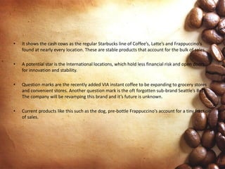 • It shows the cash cows as the regular Starbucks line of Coffee’s, Latte’s and Frappuccino's
found at nearly every location. These are stable products that account for the bulk of sales.
• A potential star is the International locations, which hold less financial risk and open doors
for innovation and stability.
• Question marks are the recently added VIA instant coffee to be expanding to grocery stores
and convenient stores. Another question mark is the oft forgotten sub-brand Seattle’s Best.
The company will be revamping this brand and it’s future is unknown.
• Current products like this such as the dog, pre-bottle Frappuccino's account for a tiny fraction
of sales.
 