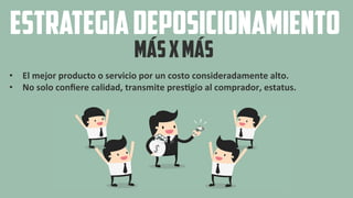 •  El	
  mejor	
  producto	
  o	
  servicio	
  por	
  un	
  costo	
  consideradamente	
  alto.	
  
•  No	
  solo	
  conﬁere	
  calidad,	
  transmite	
  pres:gio	
  al	
  comprador,	
  estatus.	
  
estrategiaDEPOSICIONAMIENTO
MÁSXMÁS
 