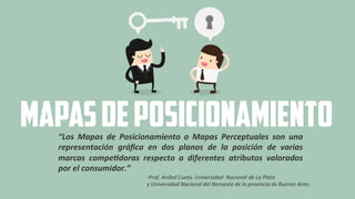 “Los	
   Mapas	
   de	
   Posicionamiento	
   o	
   Mapas	
   Perceptuales	
   son	
   una	
  
representación	
   gráﬁca	
   en	
   dos	
   planos	
   de	
   la	
   posición	
   de	
   varias	
  
marcas	
   compeAdoras	
   respecto	
   a	
   diferentes	
   atributos	
   valorados	
  
por	
  el	
  consumidor.”	
  
-­‐Prof.	
  Aníbal	
  Cueto.	
  Universidad	
  	
  Nacional	
  de	
  La	
  Plata	
  	
  
y	
  Universidad	
  Nacional	
  del	
  Noroeste	
  de	
  la	
  provincia	
  de	
  Buenos	
  Aires.	
  	
  	
  
Mapasdeposicionamiento
 