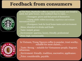 In Viet Nam, Starbucks coffee is a stand-out brand, new trend to 
catch, but quite luxury, very confined class to enjoy, … 
+Teenagers: prove and feel proud of themselves 
+Young adult: widen knowledge, experience and evaluate 
international brand 
+Foreigners: look for local home tastes and enviroment. 
_Menu: abundant in drinks and foods 
_Taste: insipid, greasy 
_Environment: spacious, luxury, friendly, professional 
_Price: high, unreasonable. 
In Vietnam, Trung Nguyen coffee is popular, trust worthy, 
suitable for most classes,… 
_Taste: Strong – suitable for Vietnamese people, fragrant, 
sebaceous. 
_Enviroment: friendly, tradition, uncreative, applicance. 
_Price: considerable, payable. 
 