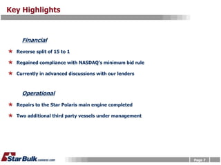 Key Highlights



    Financial
  Reverse split of 15 to 1

  Regained compliance with NASDAQ’s minimum bid rule

  Currently in advanced discussions with our lenders



    Operational
  Repairs to the Star Polaris main engine completed

  Two additional third party vessels under management




                                                        Page 7
 