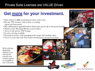Work with your Hospitality Manager to see what special activities and exclusive options are available for your VIP guests. Private Suite Licenses are VALUE Driven Suite tickets to  ALL  entertainment shows and events.  Private VIP entrance with no lines or waiting.  (opens one hour prior) Buy additional or upgraded tickets before they go on sale to the general public. Option to buy Mustangs Hockey season tickets Access to the private VIP Lounge In-suite catering available Personal assistance with managing ticket usage and tracking value Access to your suite and  Star Center meeting space on non-event days  