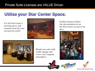 Use the Star Center’s meeting spaces and common areas for your own private needs.  Brand your suite with visible signage and create your company atmosphere.  Private Suite Licenses are VALUE Driven Conduct business before  the entertainment or use  the Star Center on non-event days.  