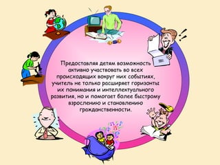 Предоставляя детям возможность
      активно участвовать во всех
  происходящих вокруг них событиях,
учитель не только расширяет горизонты
  их понимания и интеллектуального
развития, но и помогает более быстрому
      взрослению и становлению
           гражданственности.
 