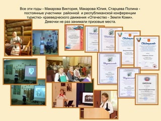 Все эти годы - Макарова Виктория, Макарова Юлия, Старцева Полина -
  постоянные участники районной и республиканской конференции
    туристко- краеведческого движения «Отечество - Земля Коми».
               Девочки не раз занимали призовые места.
 