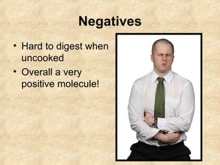 Negatives Hard to digest when uncooked Overall a very positive molecule! 