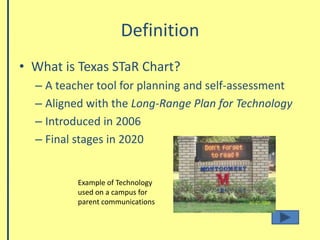 DefinitionWhat is Texas STaR Chart?A teacher tool for planning and self-assessmentAligned with the Long-Range Plan for Technology Introduced in 2006Final stages in 2020Example of Technology used on a campus for parent communications