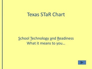 Texas STaR Chart School Technology and Readiness What it means to you… 