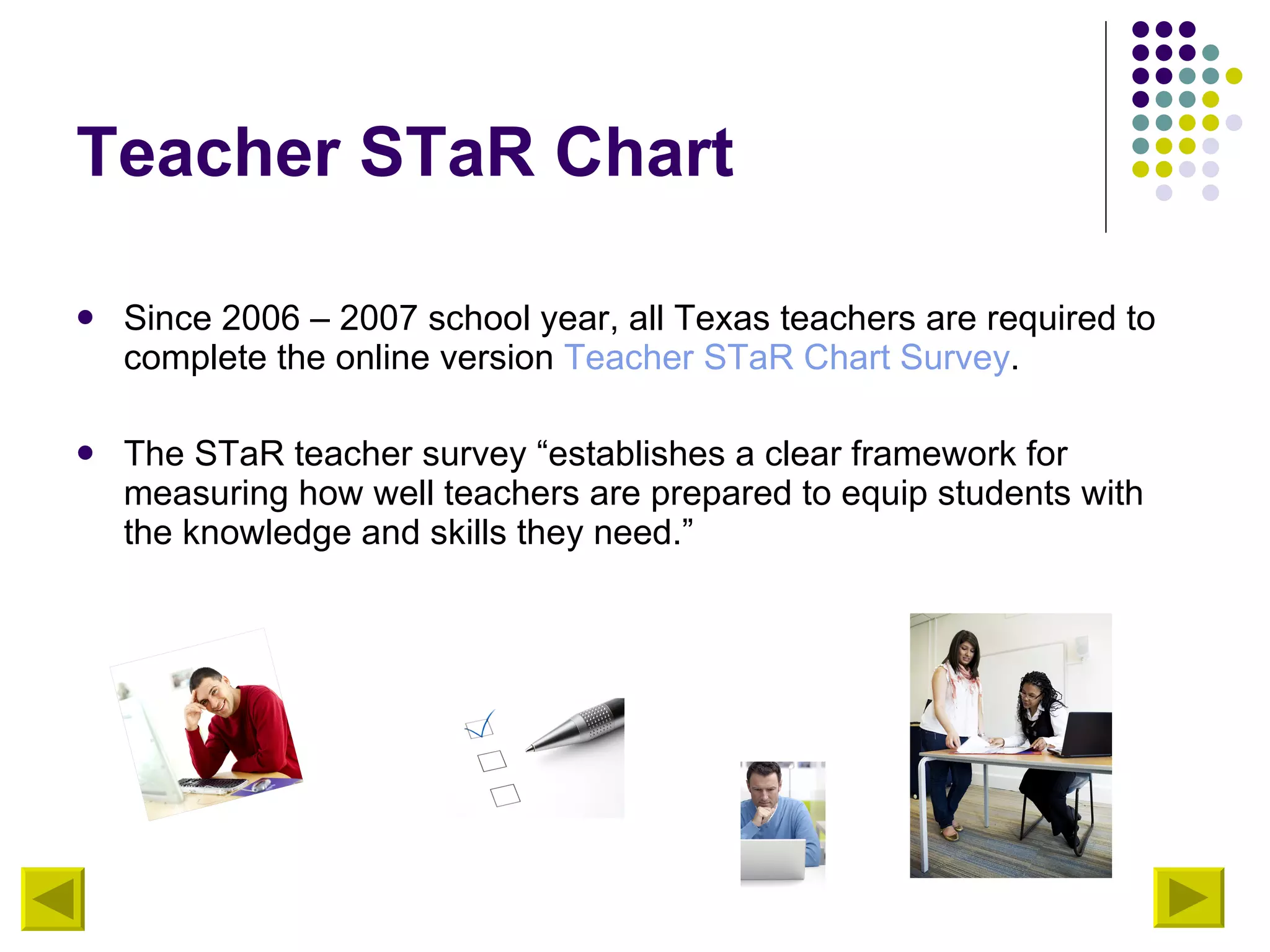 Teacher STaR Chart Since 2006 – 2007 school year, all Texas teachers are required to complete the online version  Teacher  STaR  Chart Survey . The STaR teacher survey “establishes a clear framework for measuring how well teachers are prepared to equip students with the knowledge and skills they need.”  