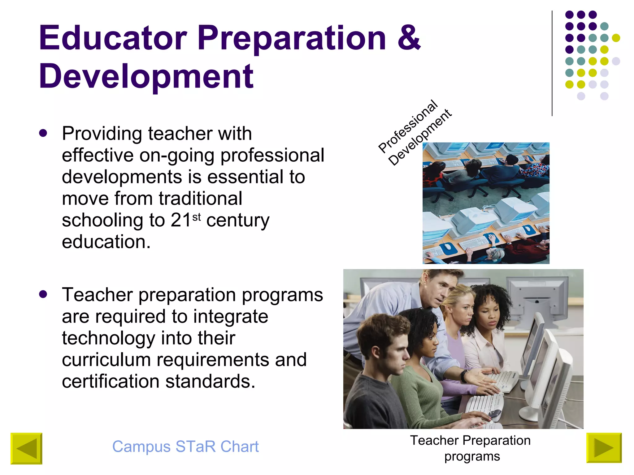 Educator Preparation & Development Providing teacher with effective on-going professional developments is essential to move from traditional schooling to 21 st  century education. Teacher preparation programs are required to integrate technology into their curriculum requirements and certification standards.  Professional  Development Teacher Preparation  programs Campus  STaR  Chart 