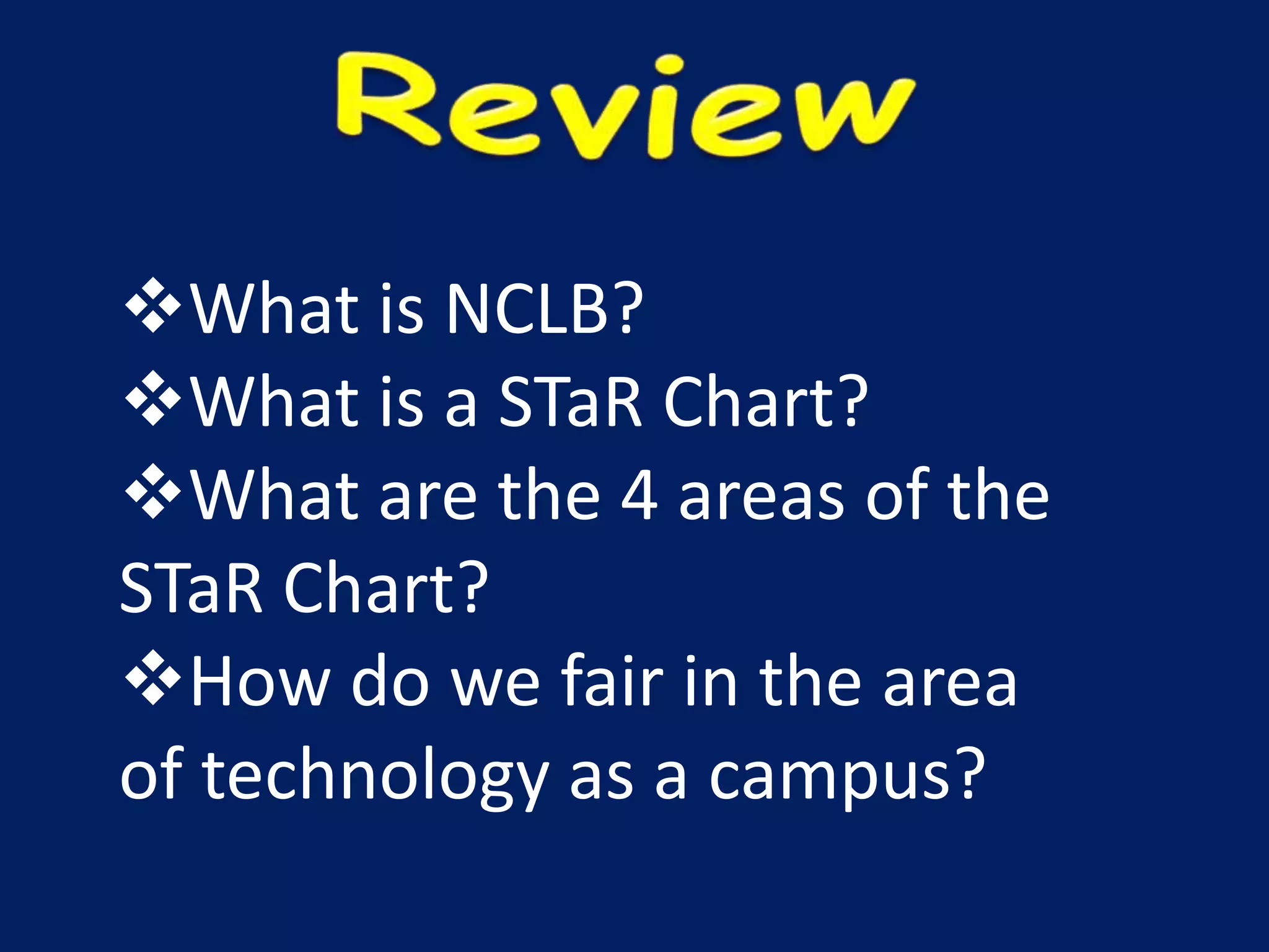 The campus STaR Chart has four levels of progress (Early Tech, Developing Tech, Advanced Tech, or Target Tech)