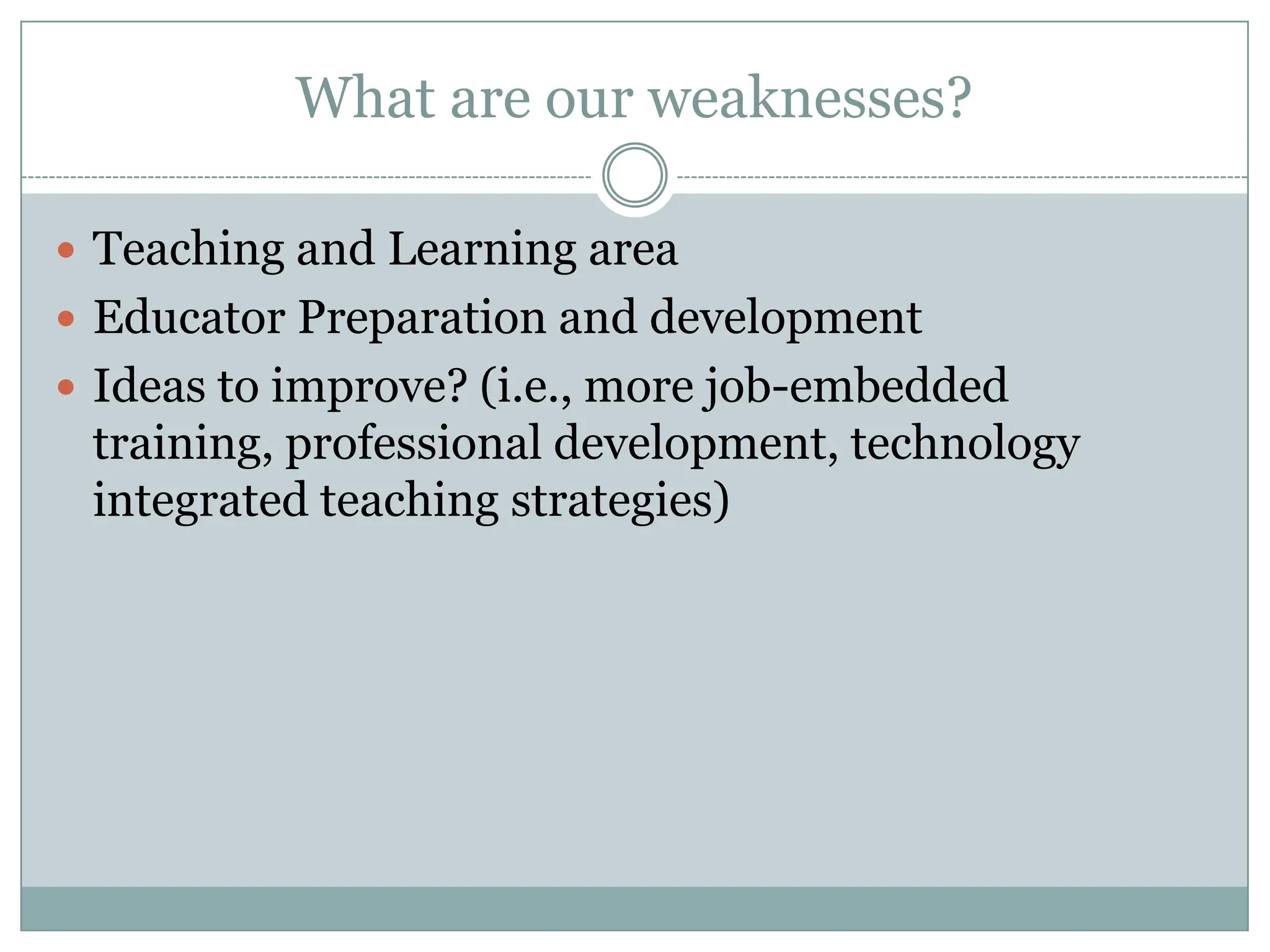 What are our weaknesses?Teaching and Learning areaEducator Preparation and developmentIdeas to improve? (i.e., more job-embedded training, professional development, technology integrated teaching strategies)