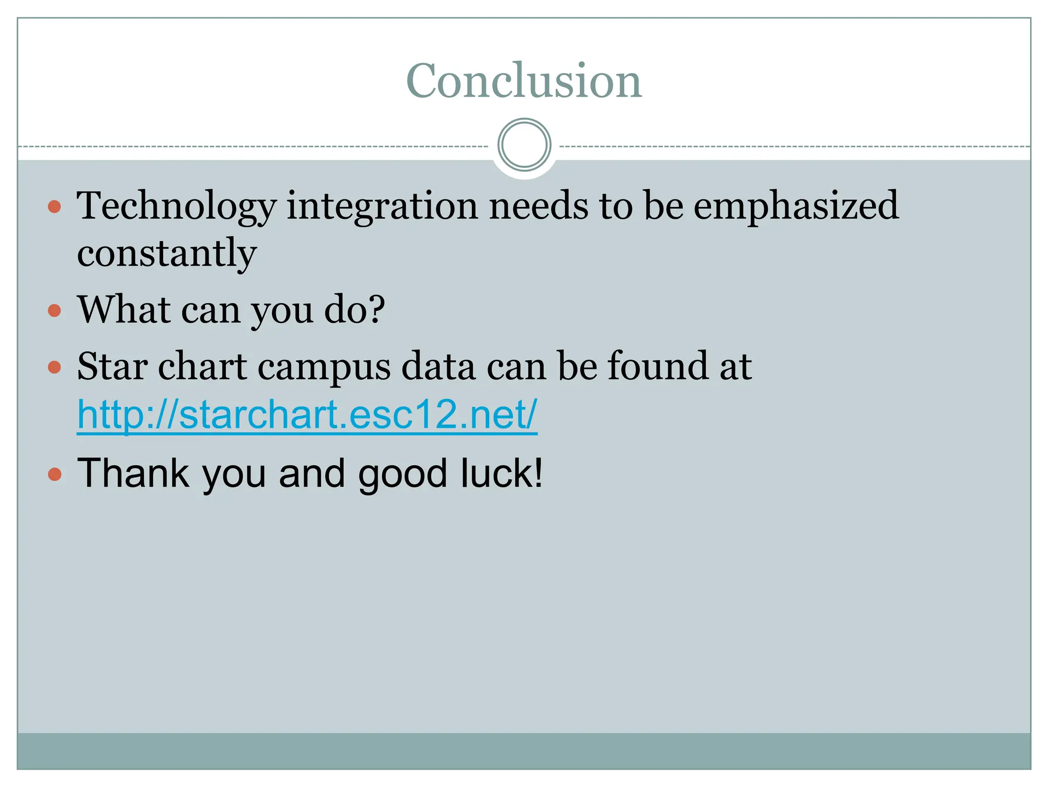 ConclusionTechnology integration needs to be emphasized constantlyWhat can you do?Star chart campus data can be found at http://starchart.esc12.net/Thank you and good luck!