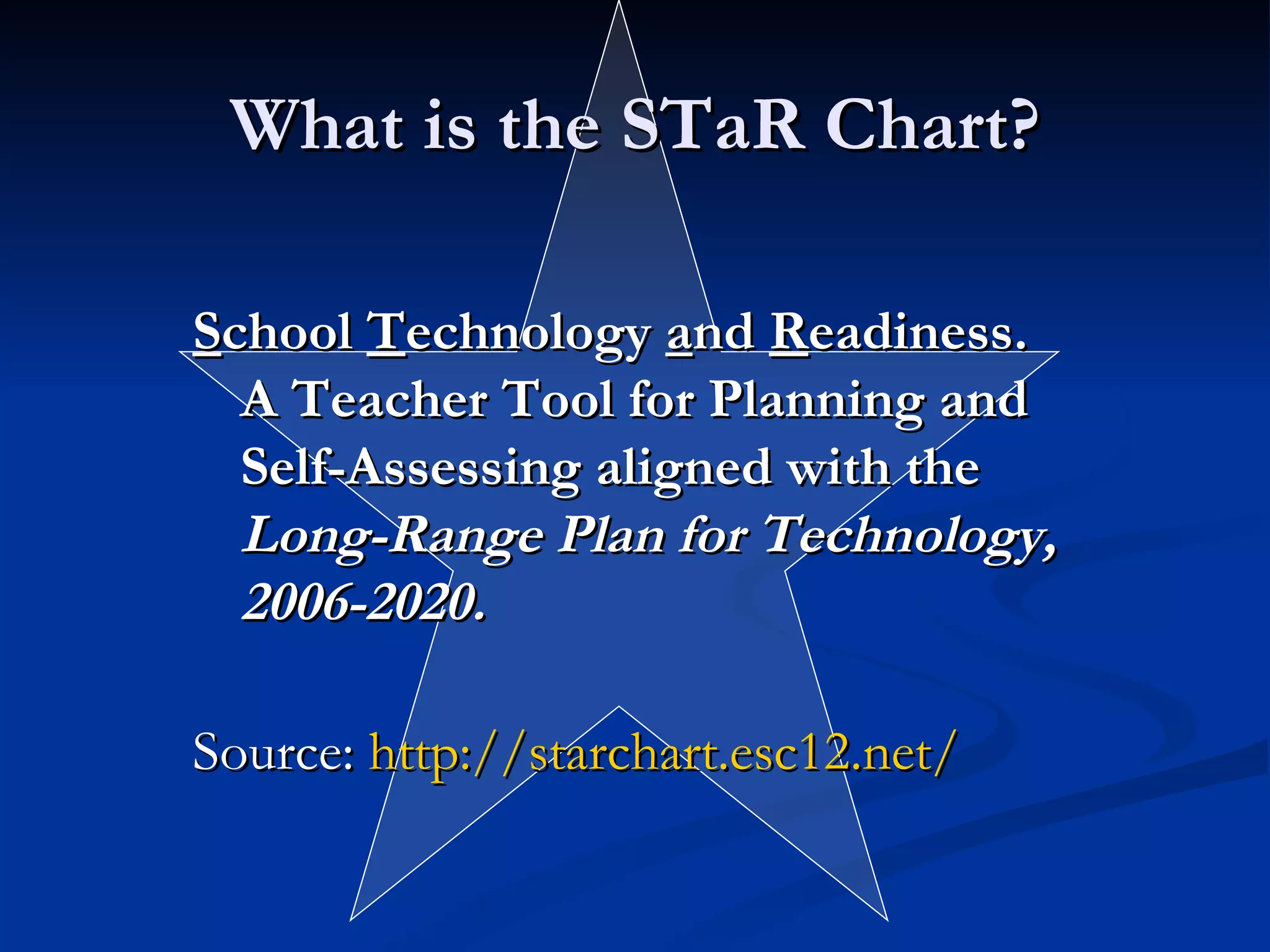 What is the STaR Chart? S chool  T echnology  a nd  R eadiness. A Teacher Tool for Planning and Self-Assessing aligned with the   Long-Range Plan for Technology, 2006-2020. Source:  http://starchart.esc12.net/ 