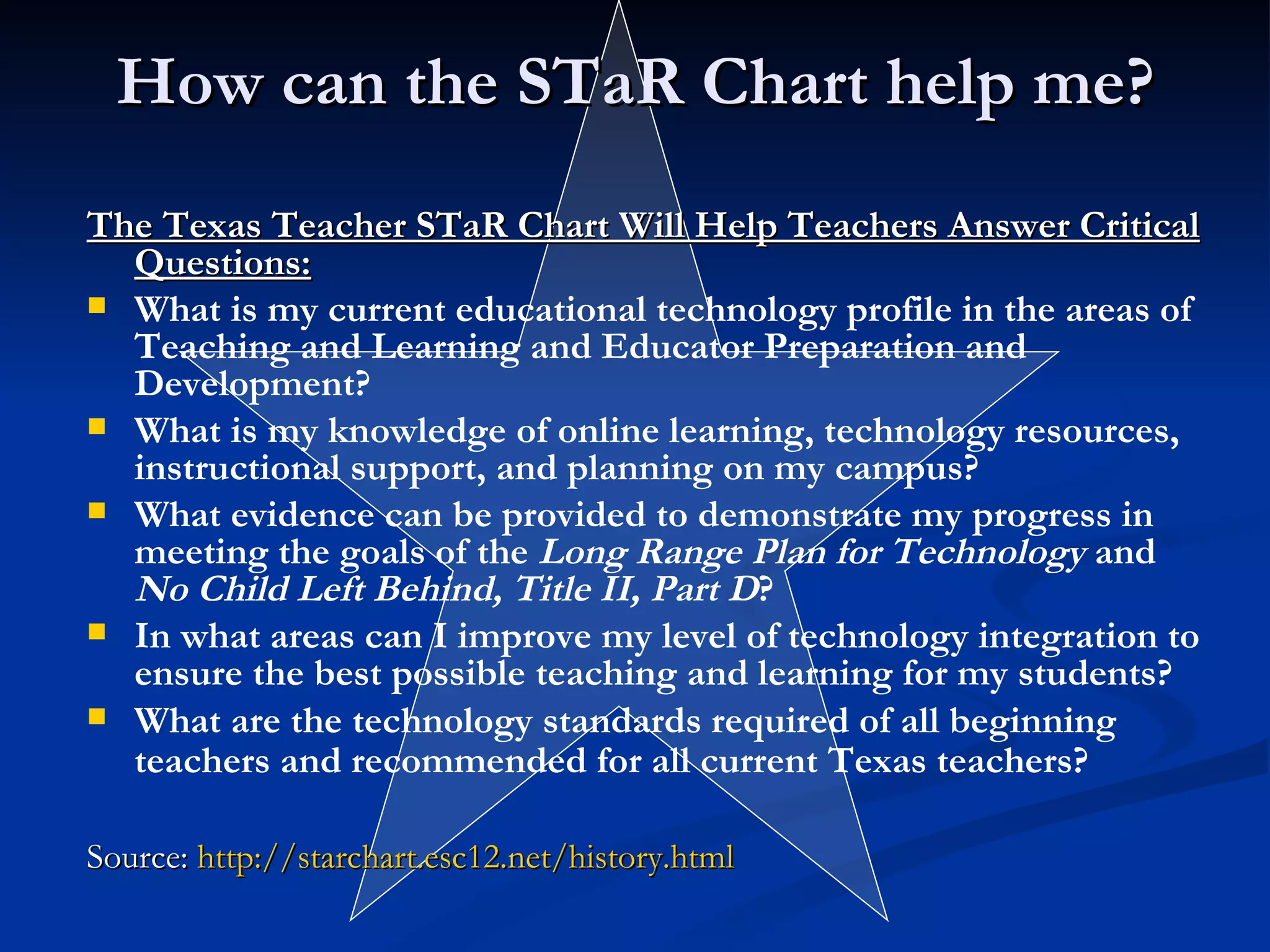 How can the STaR Chart help me? The Texas Teacher STaR Chart Will Help Teachers Answer Critical Questions:   What is my current educational technology profile in the areas of Teaching and Learning and Educator Preparation and Development?  What is my knowledge of online learning, technology resources, instructional support, and planning on my campus?  What evidence can be provided to demonstrate my progress in meeting the goals of the  Long Range Plan for Technology  and  No Child Left Behind, Title II, Part D ?  In what areas can I improve my level of technology integration to ensure the best possible teaching and learning for my students?  What are the technology standards required of all beginning teachers and recommended for all current Texas teachers?   Source:  http://starchart.esc12.net/history.html 