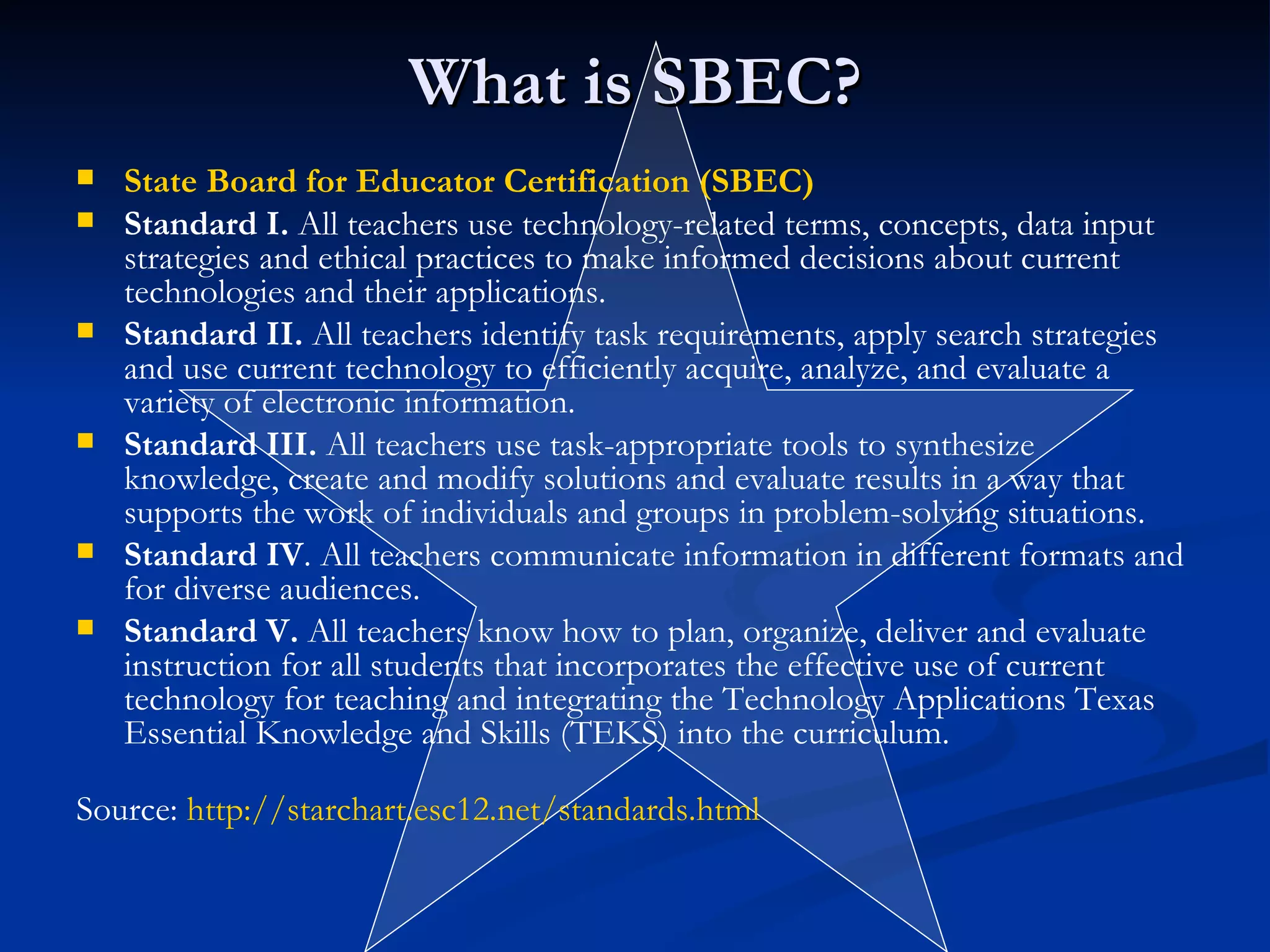What is SBEC? State Board for Educator Certification (SBEC) Standard I.  All teachers use technology-related terms, concepts, data input strategies and ethical practices to make informed decisions about current technologies and their applications. Standard II.  All teachers identify task requirements, apply search strategies and use current technology to efficiently acquire, analyze, and evaluate a variety of electronic information. Standard III.  All teachers use task-appropriate tools to synthesize knowledge, create and modify solutions and evaluate results in a way that supports the work of individuals and groups in problem-solving situations. Standard IV . All teachers communicate information in different formats and for diverse audiences. Standard V.  All teachers know how to plan, organize, deliver and evaluate instruction for all students that incorporates the effective use of current technology for teaching and integrating the Technology Applications Texas Essential Knowledge and Skills (TEKS) into the curriculum. Source:  http://starchart.esc12.net/standards.html 
