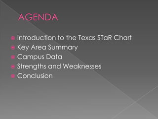 AGENDAIntroduction to the Texas STaR ChartKey Area SummaryCampus DataStrengths and WeaknessesConclusion