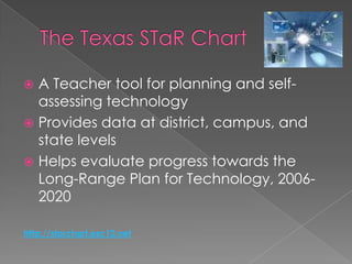 The Texas STaR ChartA Teacher tool for planning and self-assessing technologyProvides data at district, campus, and state levelsHelps evaluate progress towards the Long-Range Plan for Technology, 2006-2020http://starchart.esc12.net
