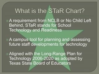 A requirement from NCLB or No Child Left
 Behind, STaR stands for School
 Technology and Readiness

A campus tool for planning and assessing
 future staff developments for technology

 Aligned
        with the Long-Range Plan for
 Technology 2006-2020 as adopted by
 Texas State Board of Educators
 