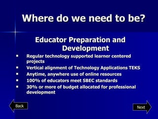 Where do we need to be? Educator Preparation and Development Regular technology supported learner centered projects Vertical alignment of Technology Applications TEKS Anytime, anywhere use of online resources 100% of educators meet SBEC standards 30% or more of budget allocated for professional development Next Back 
