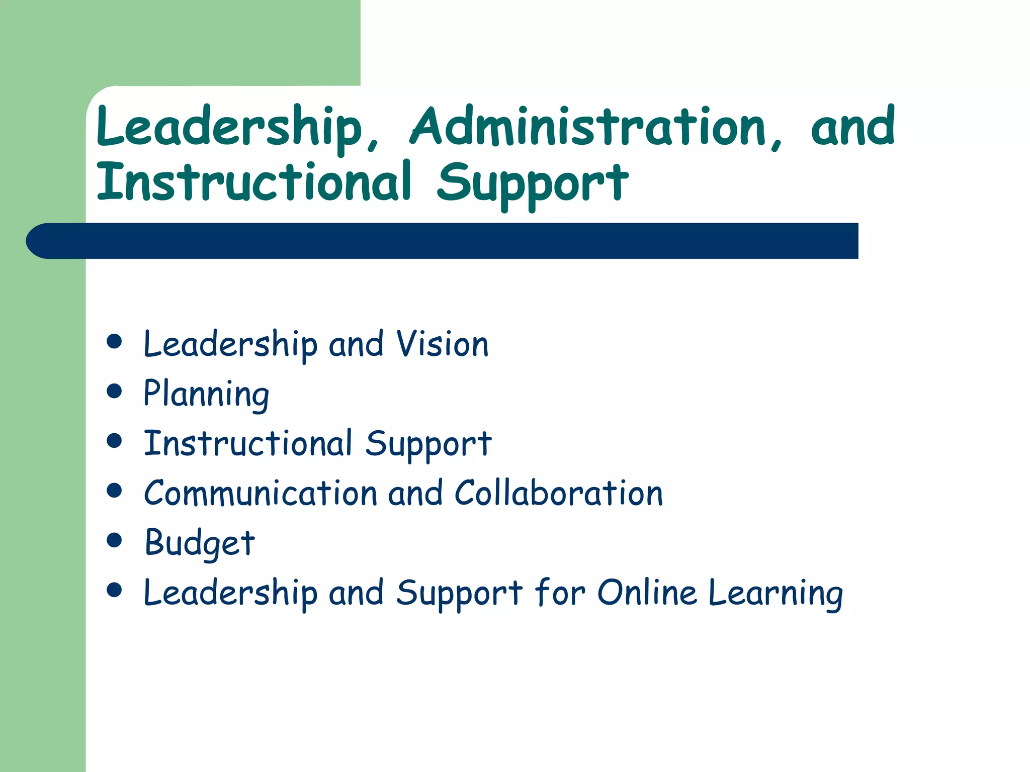 Leadership, Administration, and Instructional Support Leadership and Vision Planning Instructional Support Communication and Collaboration Budget Leadership and Support for Online Learning 