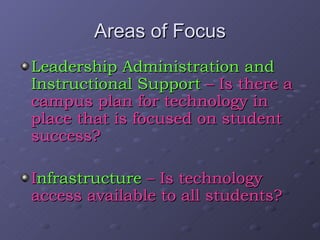Areas of Focus Leadership Administration and Instructional Support  – Is there a campus plan for technology in place that is focused on student success? I nfrastructure  – Is technology access available to all students? 