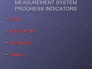 MEASUREMENT SYSTEM PROGRESS INDICATORS EARLY DEVELOPING ADVANCED TARGET 