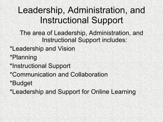 Leadership, Administration, and Instructional Support The area of Leadership, Administration, and Instructional Support includes: *Leadership and Vision *Planning *Instructional Support *Communication and Collaboration *Budget *Leadership and Support for Online Learning 