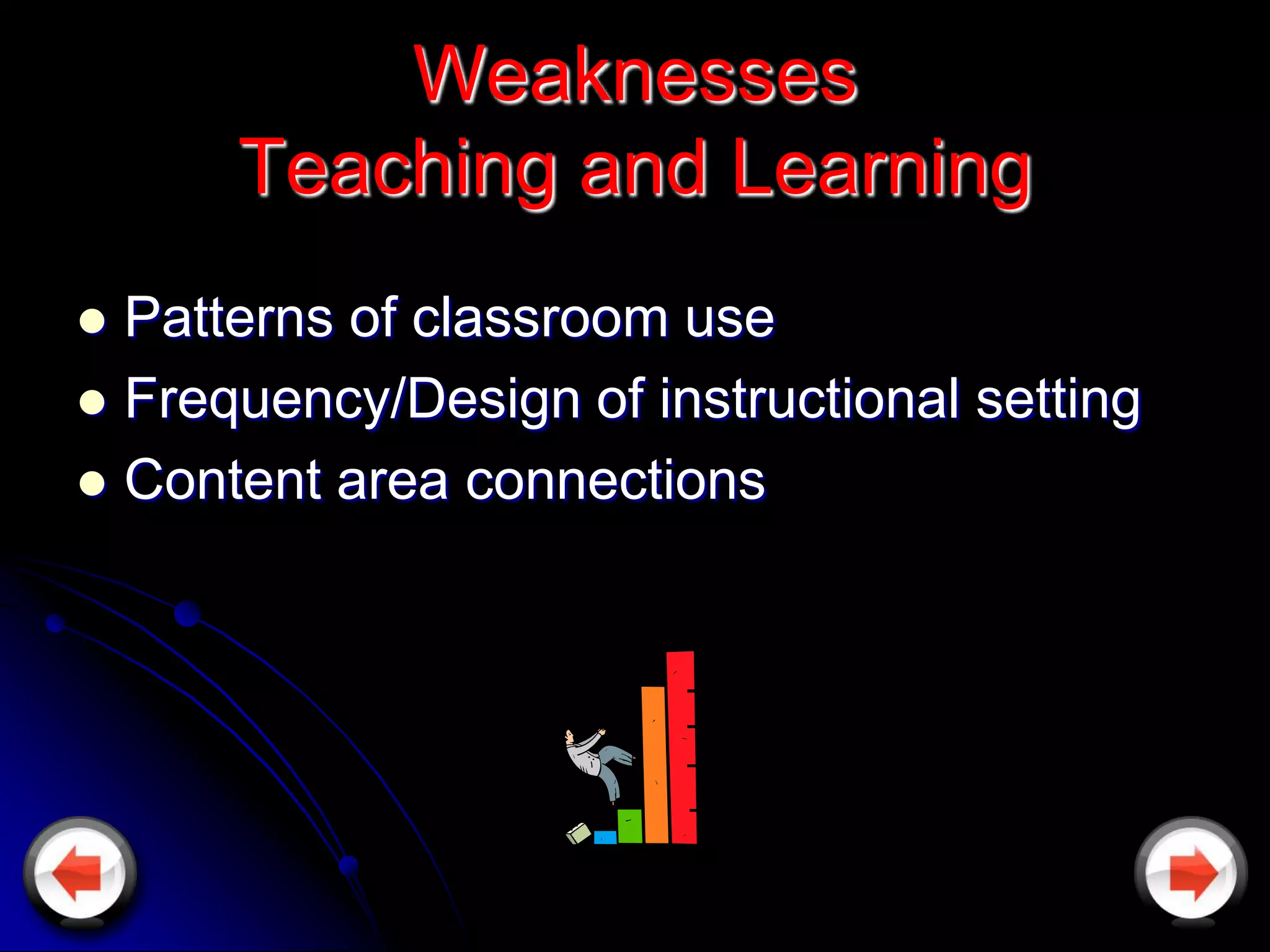 Weaknesses
      Teaching and Learning
 Patterns of classroom use
 Frequency/Design of instructional setting
 Content area connections
 