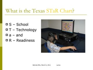What is the Texas  STaR Chart ? S – School T – Technology a – and R – Readiness 