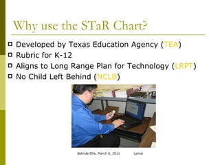 Why use the STaR Chart? Developed by Texas Education Agency ( TEA ) Rubric for K-12 Aligns to Long Range Plan for Technology ( LRPT ) No Child Left Behind ( NCLB ) 
