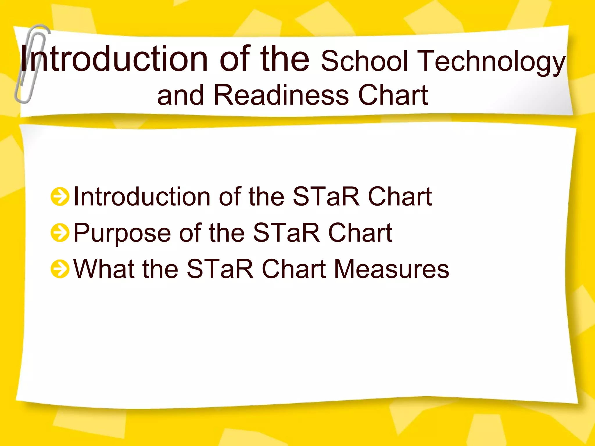 Introduction of the  School Technology and Readiness Chart Introduction of the STaR Chart Purpose of the STaR Chart What the STaR Chart Measures 