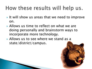 It will show us areas that we need to improve on.Allows us time to reflect on what we are doing personally and brainstorm ways to incorporate more technology.Allows us to see where we stand as a state/district/campus.How these results will help us.