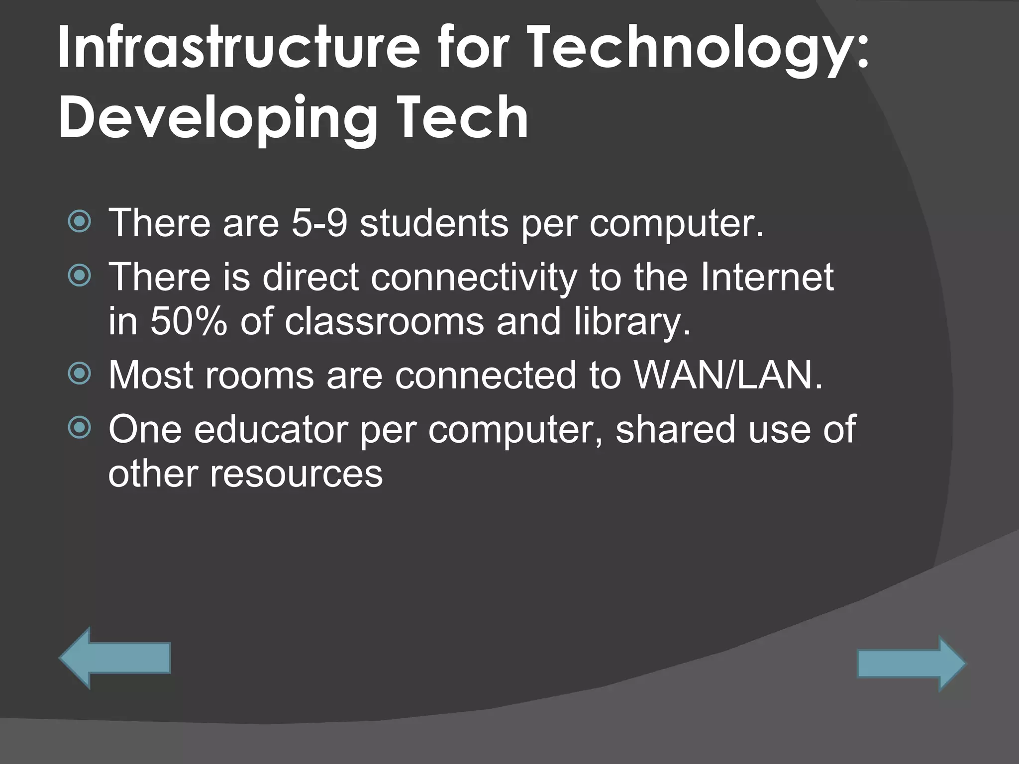 Infrastructure for Technology: Developing Tech There are 5-9 students per computer.  There is direct connectivity to the Internet in 50% of classrooms and library.  Most rooms are connected to WAN/LAN.  One educator per computer, shared use of other resources 