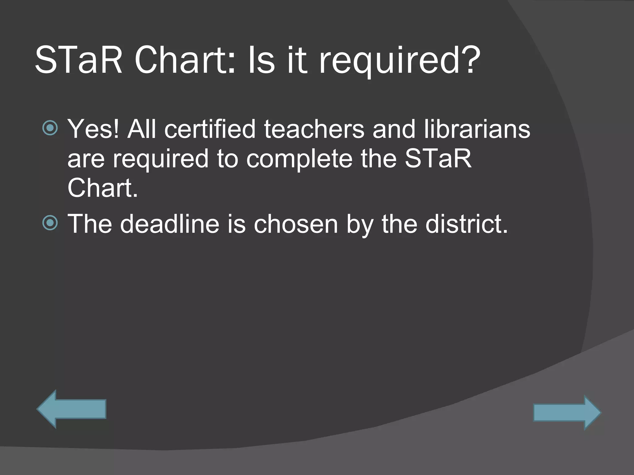 STaR Chart: Is it required? Yes! All certified teachers and librarians are required to complete the STaR Chart. The deadline is chosen by the district.  