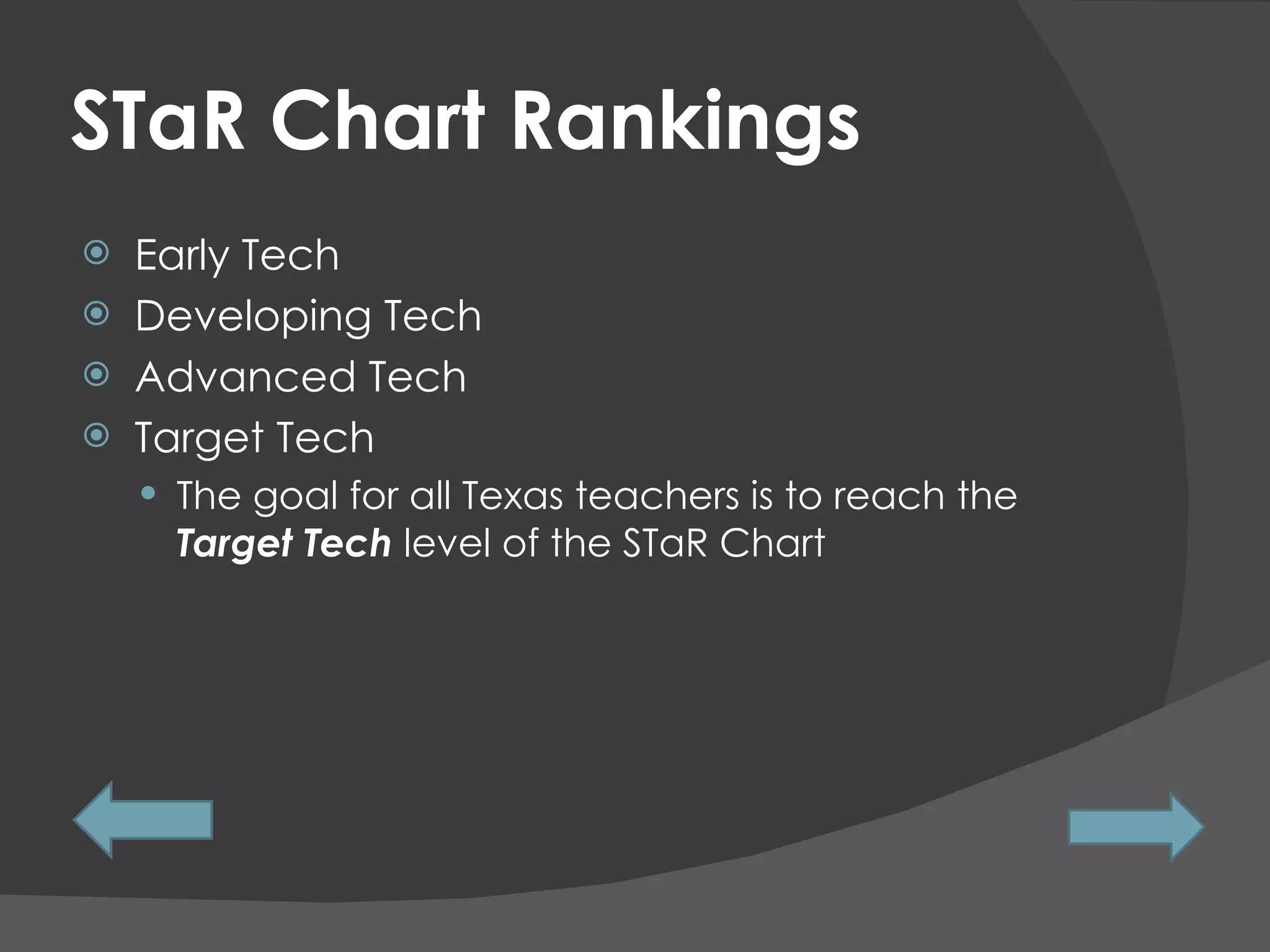 STaR Chart Rankings Early Tech  Developing Tech Advanced Tech Target Tech The goal for all Texas teachers is to reach the  Target Tech   level of the STaR Chart 