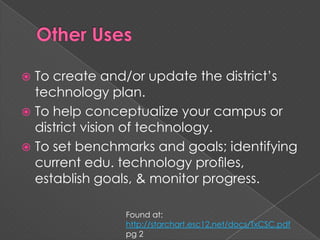 Other UsesTo create and/or update the district’s technology plan.To help conceptualize your campus or district vision of technology.To set benchmarks and goals; identifying current edu. technology proﬁles, establish goals, & monitor progress.Found at: http://starchart.esc12.net/docs/TxCSC.pdf pg 2