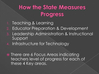 How the State Measures ProgressTeaching & LearningEducator Preparation & DevelopmentLeadership Administration & Instructional SupportInfrastructure for TechnologyThere are 6 Focus Areas indicating teachers level of progress for each of these 4 Key areas.