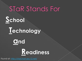 STaR Stands ForSchoolTechnologyandReadinessFound at: http://starchart.esc12.net/