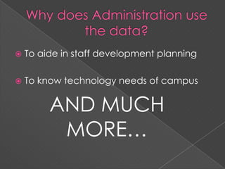 Why does Administration use the data?To aide in staff development planningTo know technology needs of campusAND MUCH MORE…